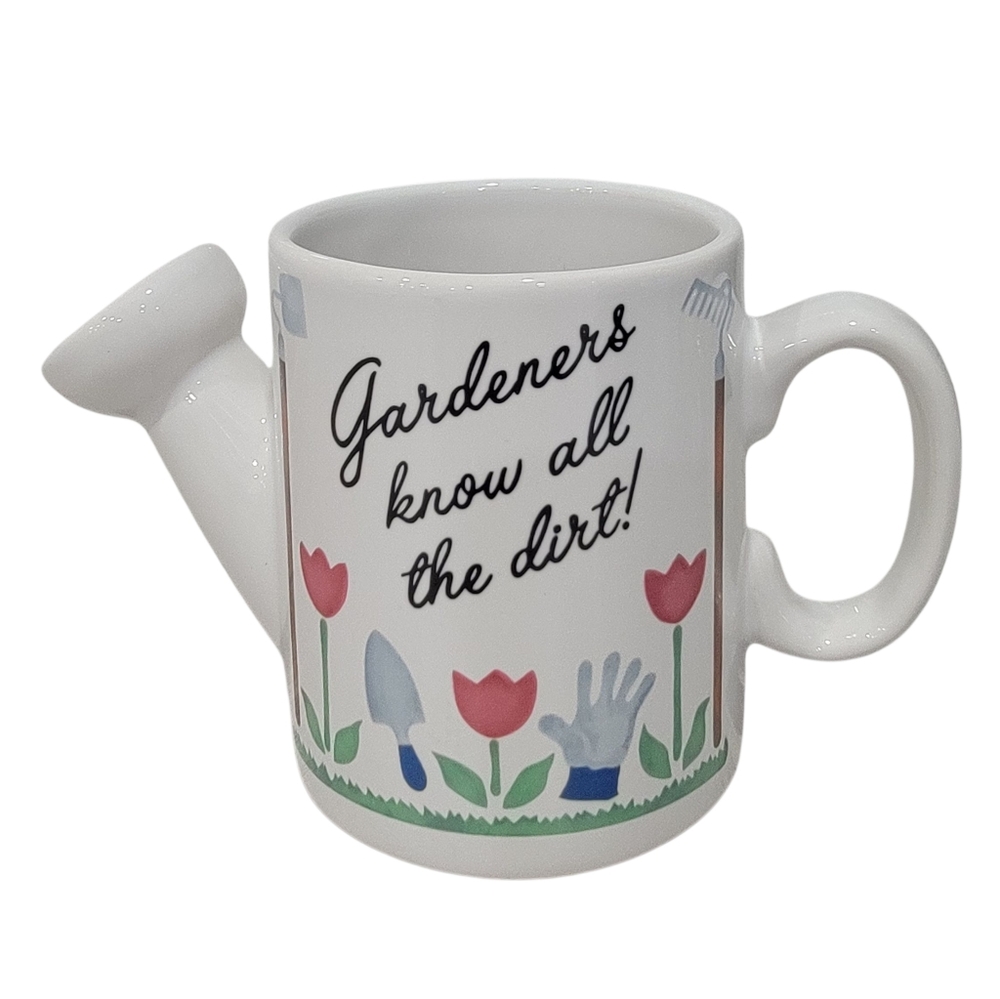 Vintage Watering Can Shaped Coffee Mug White Ceramic Tulips Gardening Cup